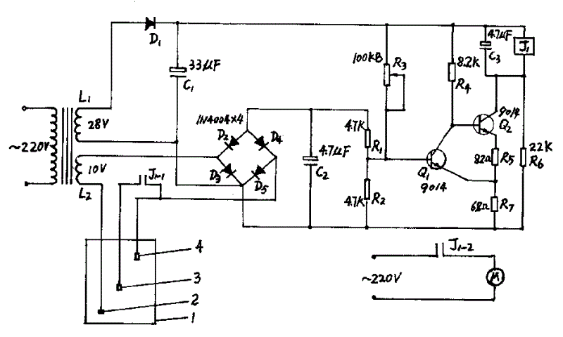 (4)与基础极(2)利用水作导体,探测水位信号提供给控制电路通过继电器j