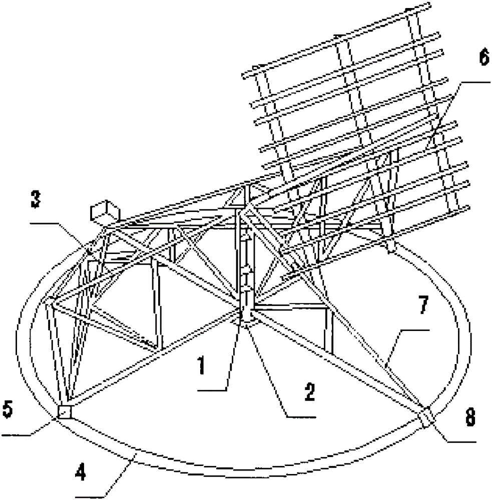 所述立柱式中心支承轴上架设有三角形的雷达天线支承桁架,所述雷